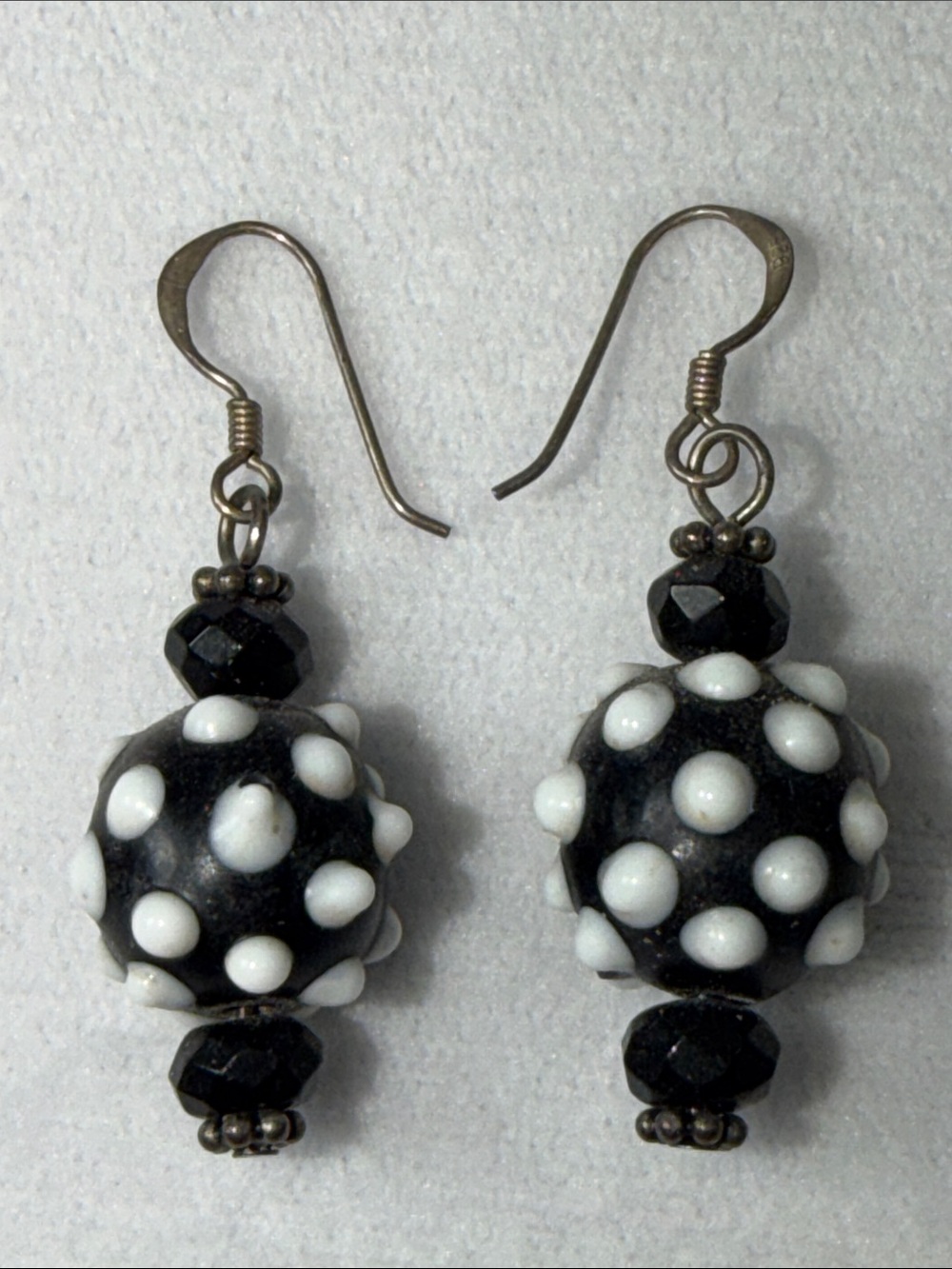 Vintage Black and White Glass Polka Dot Bead Drop Earrings